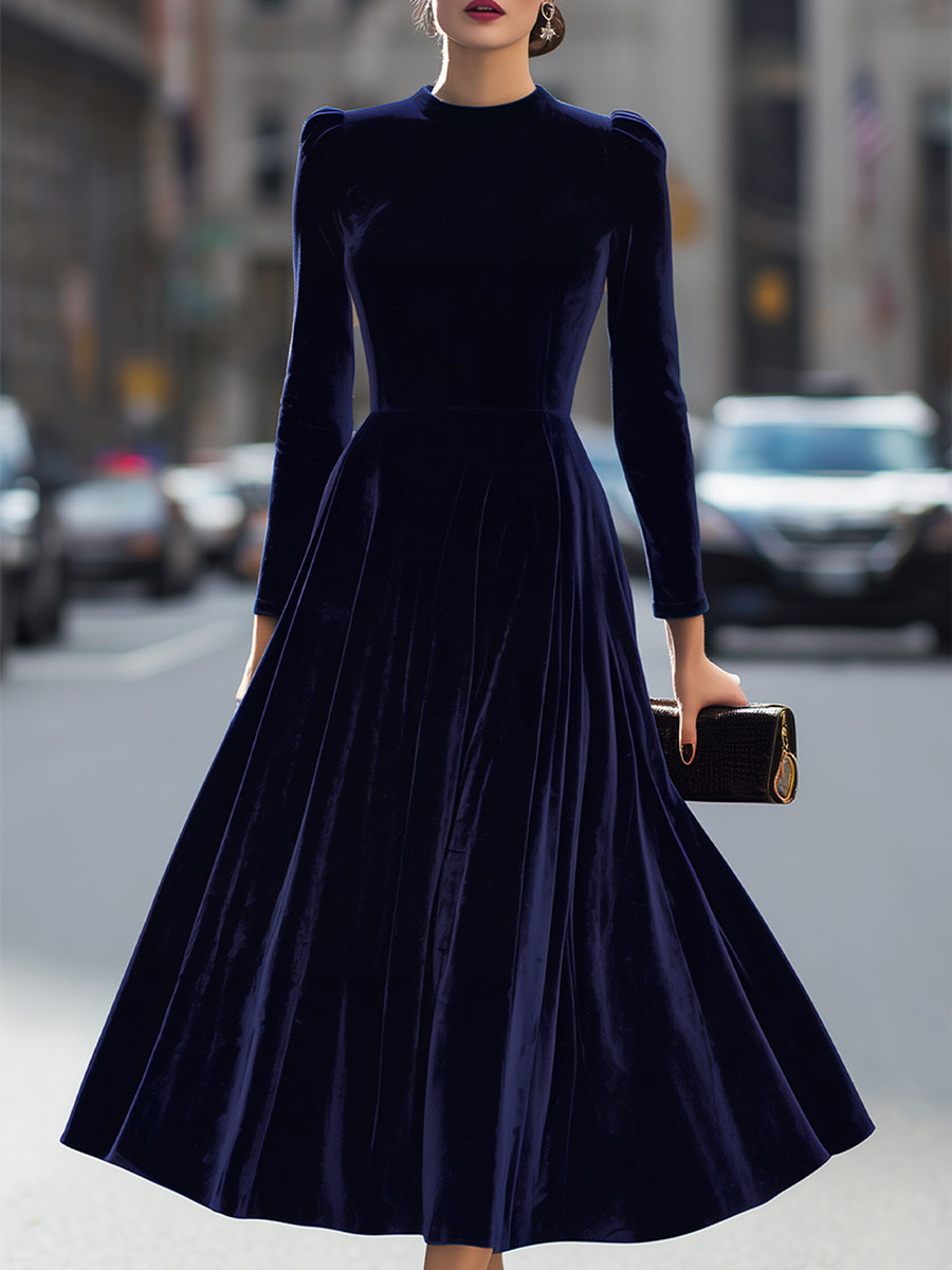 Elissa | Navy Blue Midi Dress with Long Sleeves