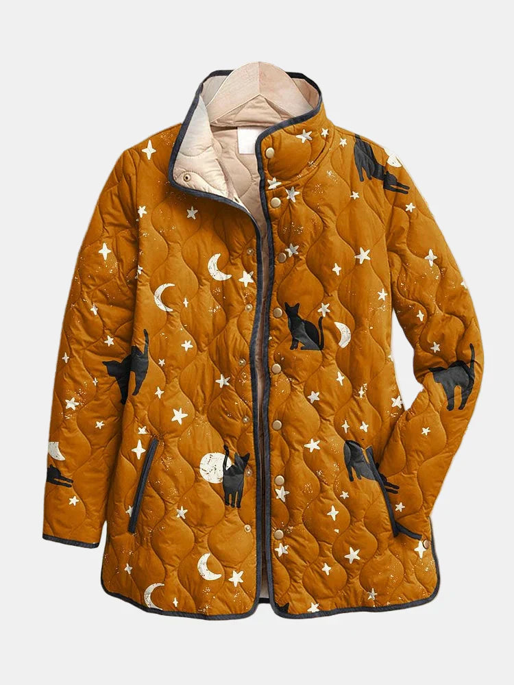 Mia | Quilted Jacket with Casual Black Cat Halloween Print