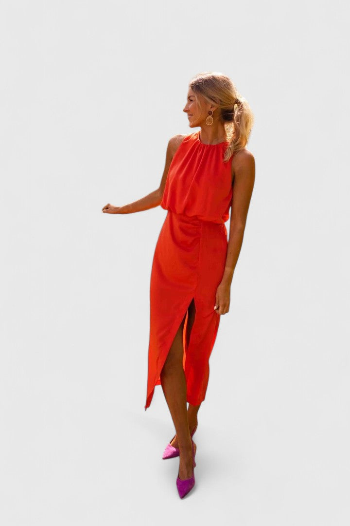 Brooklyn | Modern High-Neck Flowing Midi Dress
