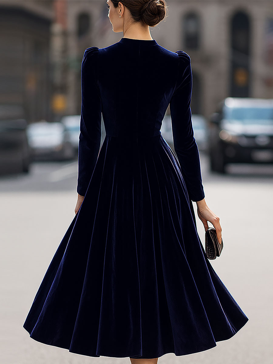 Elissa | Navy Blue Midi Dress with Long Sleeves
