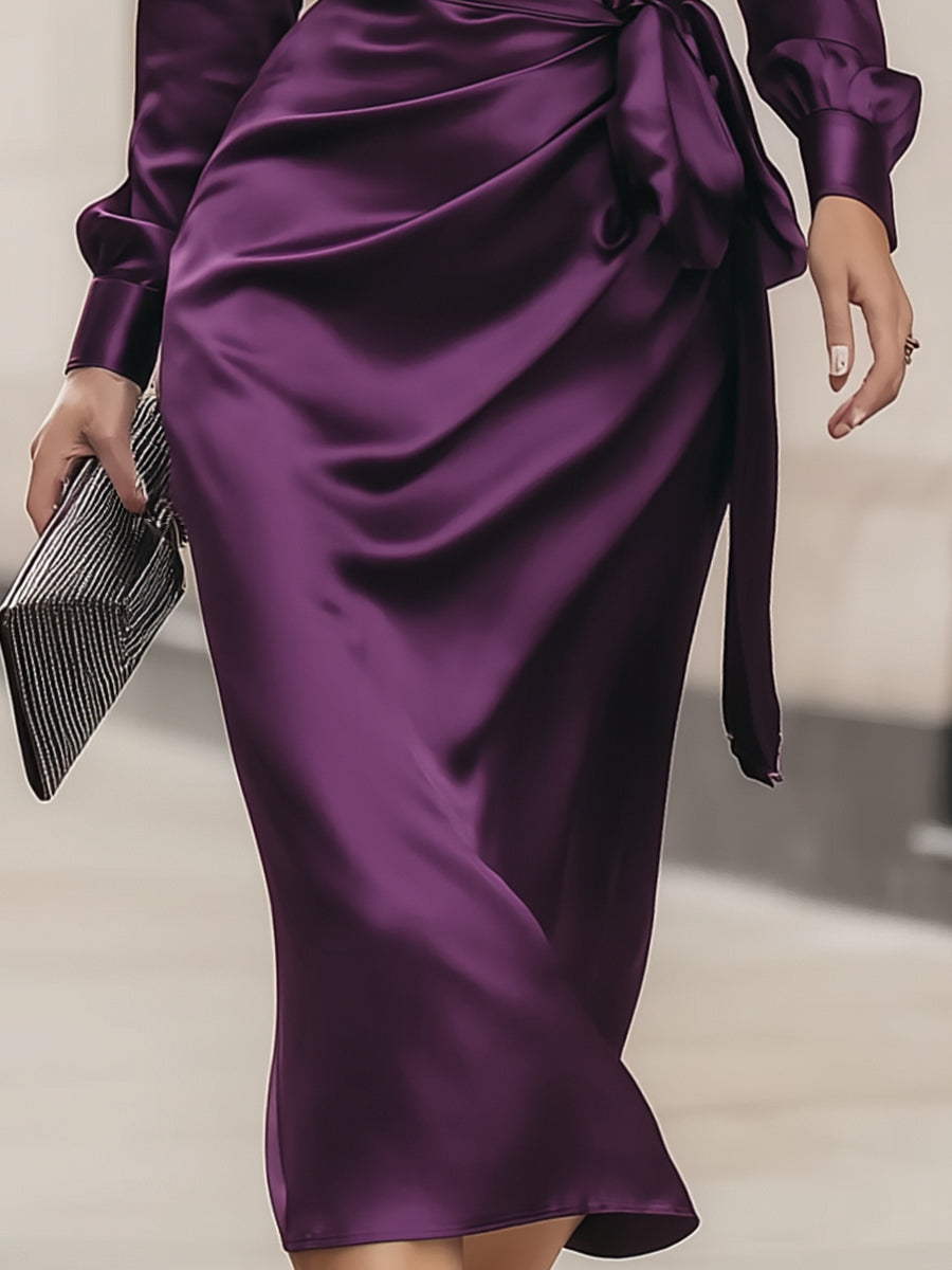 Clara | Midi Dress in Deep Plum Satin Wrap Style